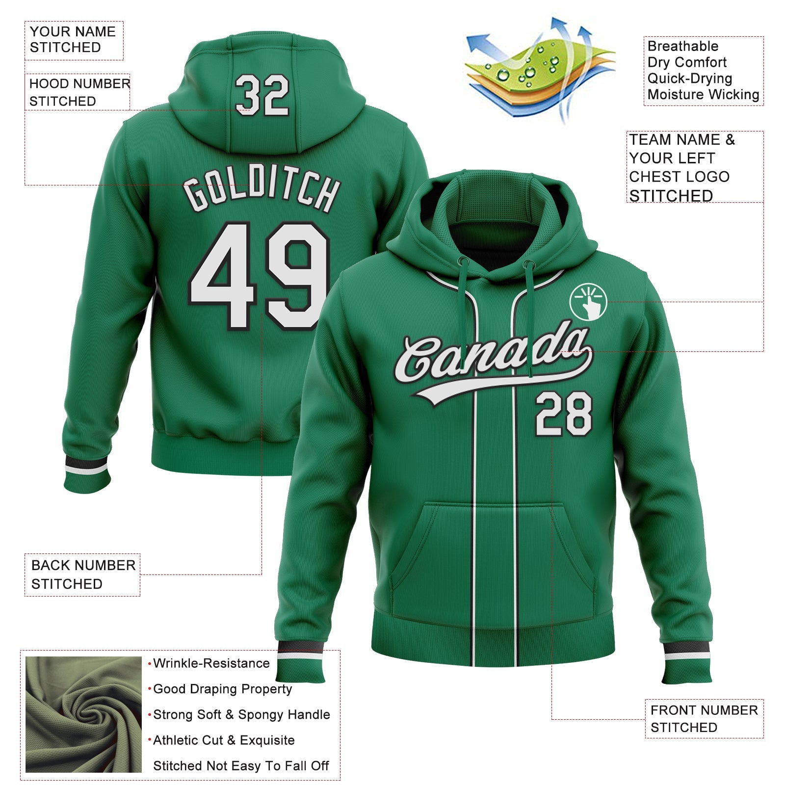 Custom Stitched Kelly Green White-Black Baseball Pullover Sweatshirt Hoodie view 2