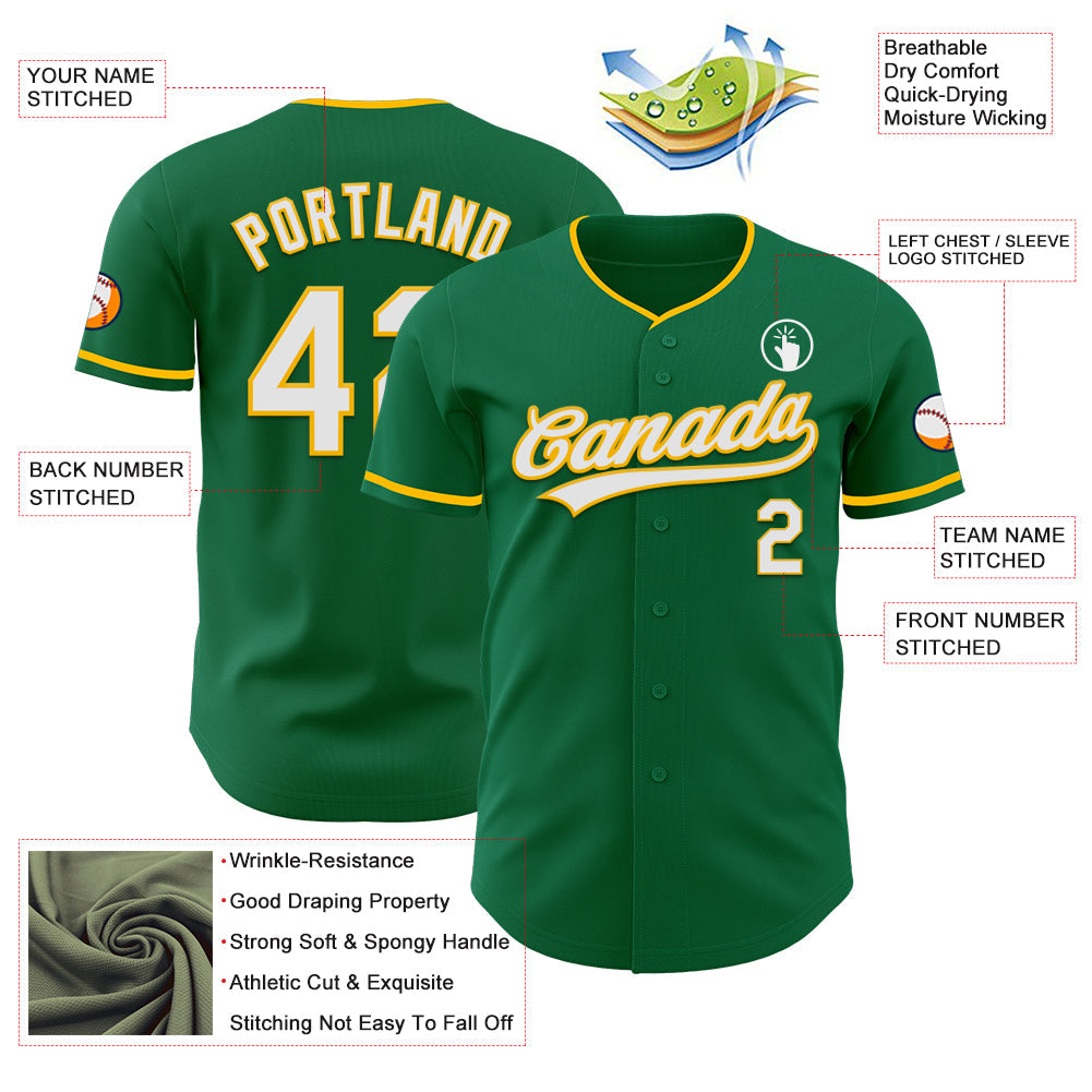 Custom Kelly Green White-Gold Authentic Baseball Jersey view 3