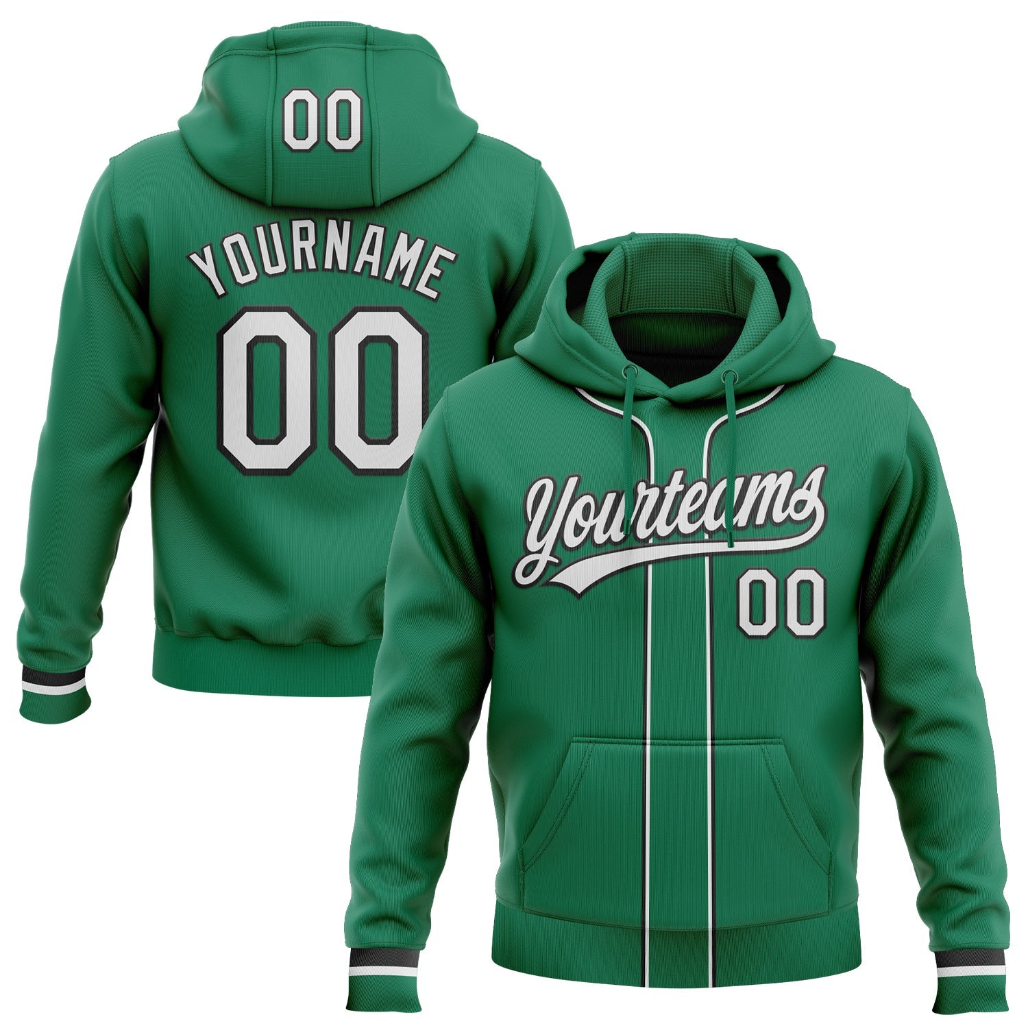 Custom Stitched Kelly Green White-Black Baseball Pullover Sweatshirt Hoodie - Main View