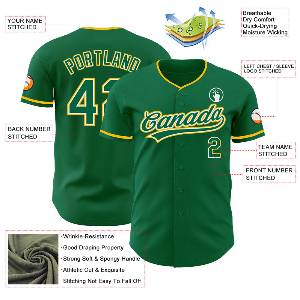 Custom Kelly Green White-Gold Authentic Baseball Jersey view 3