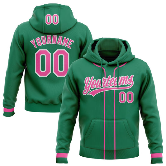 Custom Stitched Kelly Green Pink-White Baseball Pullover Sweatshirt Hoodie - Main View