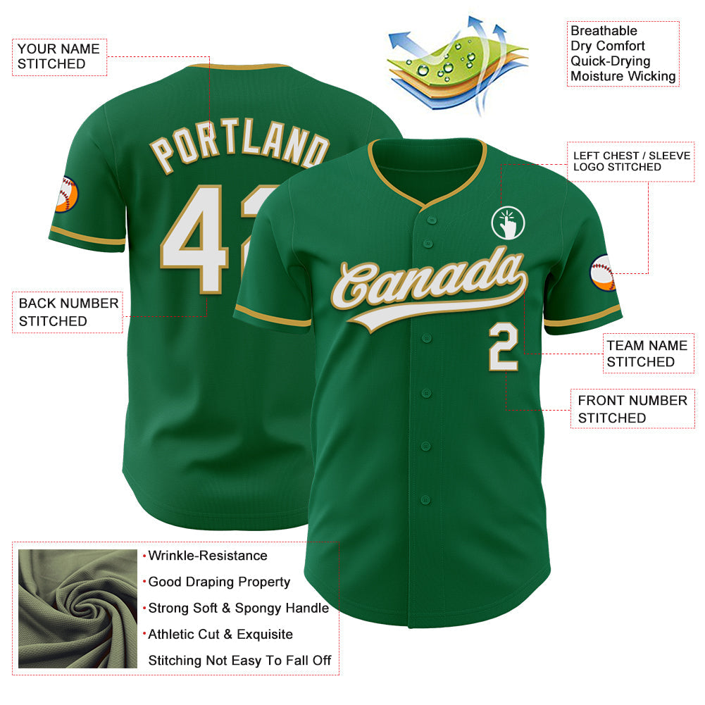 Custom Kelly Green White-Old Gold Authentic Baseball Jersey view 3