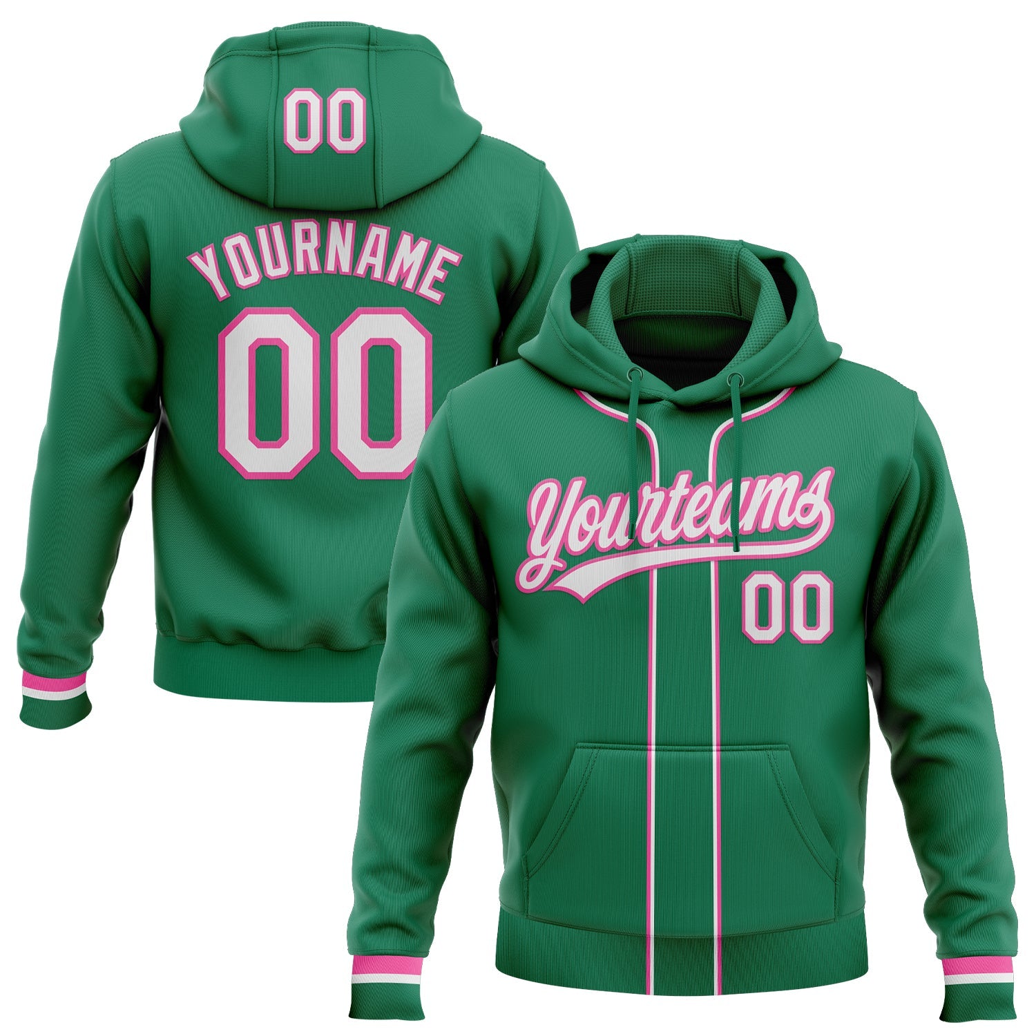 Custom Stitched Kelly Green White-Pink Baseball Pullover Sweatshirt Hoodie - Main View