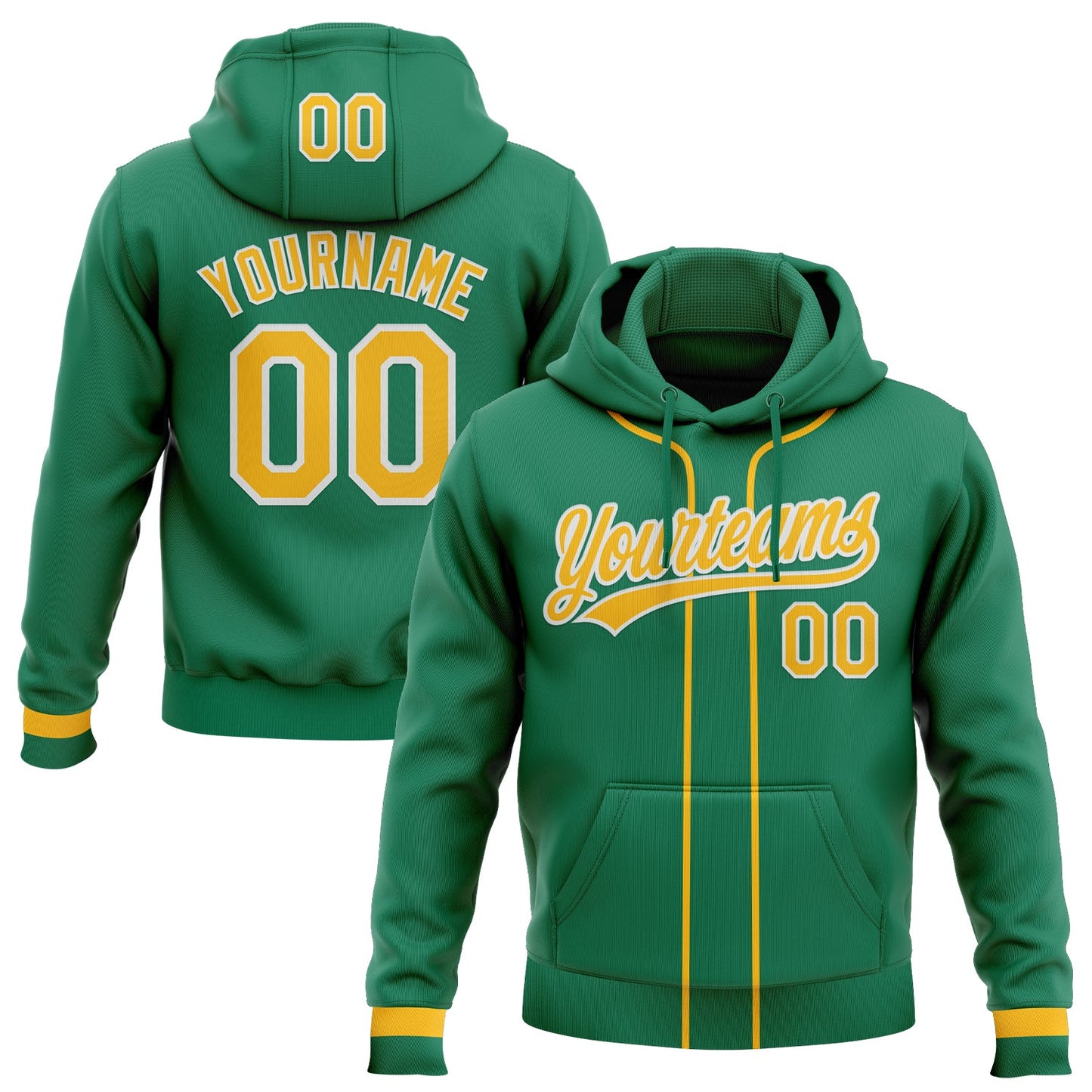 Custom Stitched Kelly Green Gold-White Baseball Pullover Sweatshirt Hoodie - Main View
