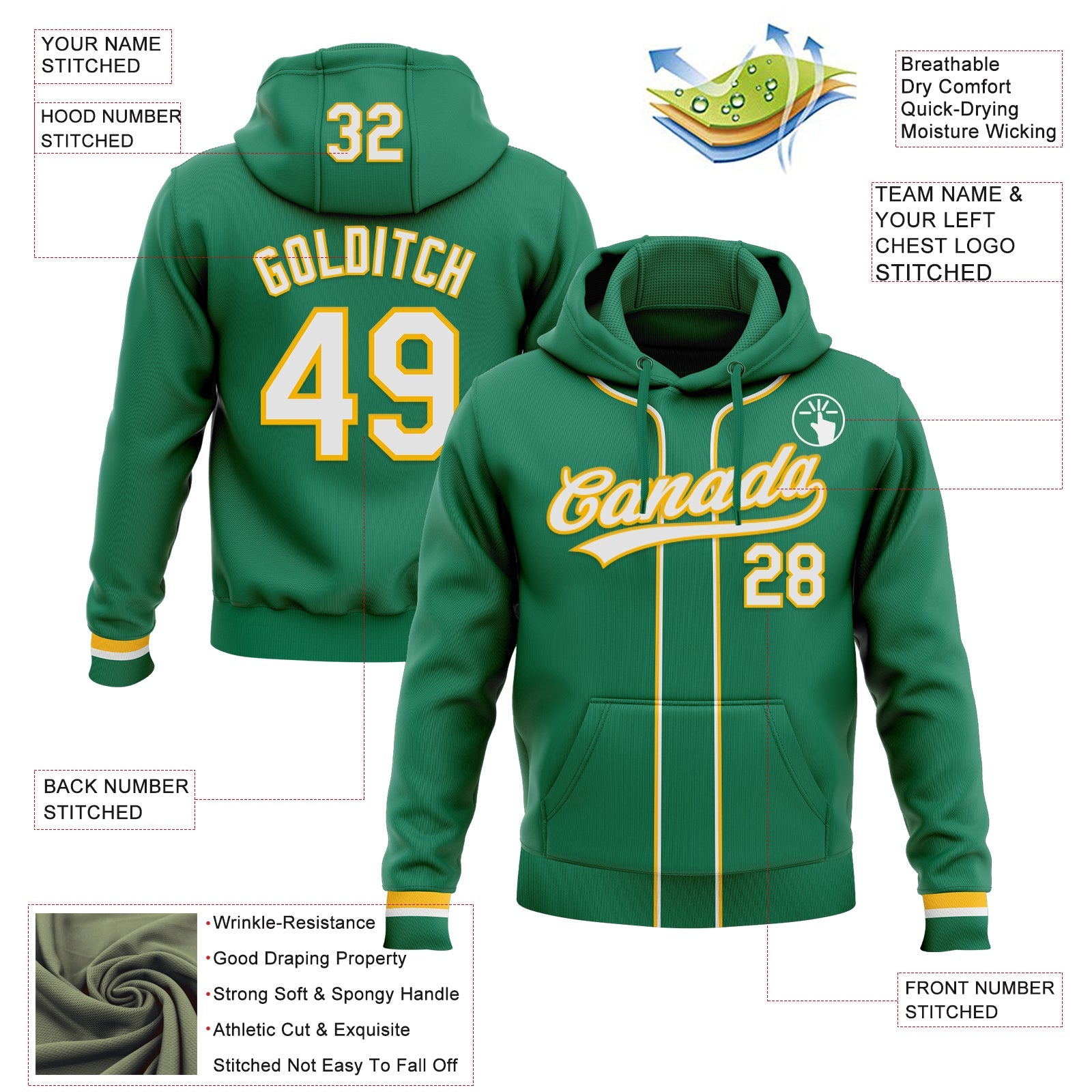Custom Stitched Kelly Green White-Gold Baseball Pullover Sweatshirt Hoodie view 2
