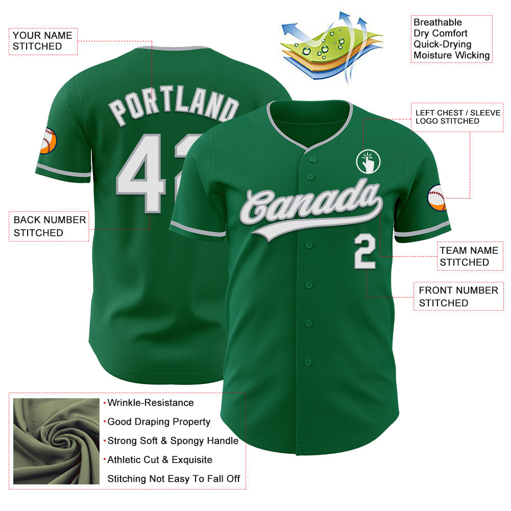 Custom Kelly Green White-Gray Authentic Baseball Jersey view 3