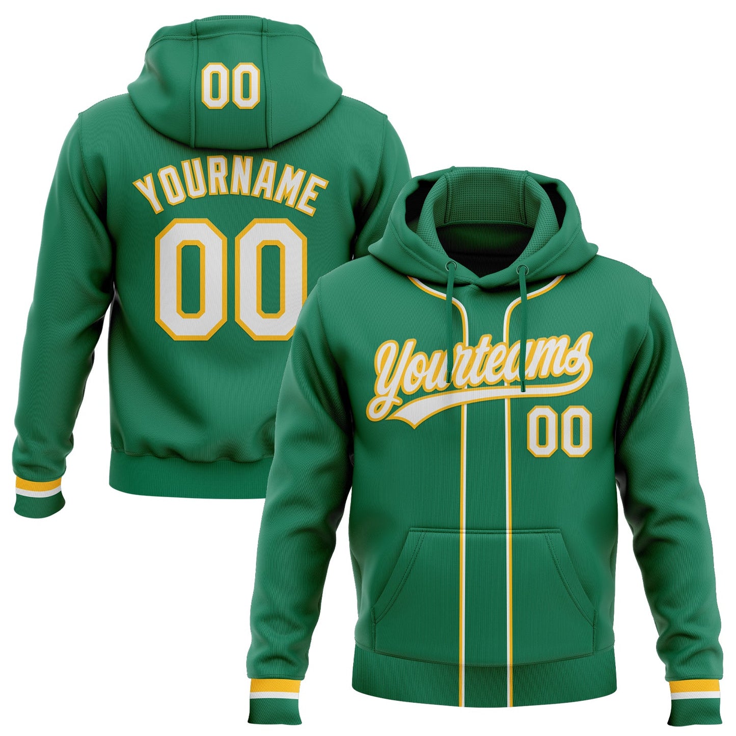 Custom Stitched Kelly Green White-Gold Baseball Pullover Sweatshirt Hoodie - Main View