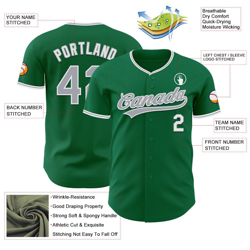 Custom Kelly Green Gray-White Authentic Baseball Jersey view 3