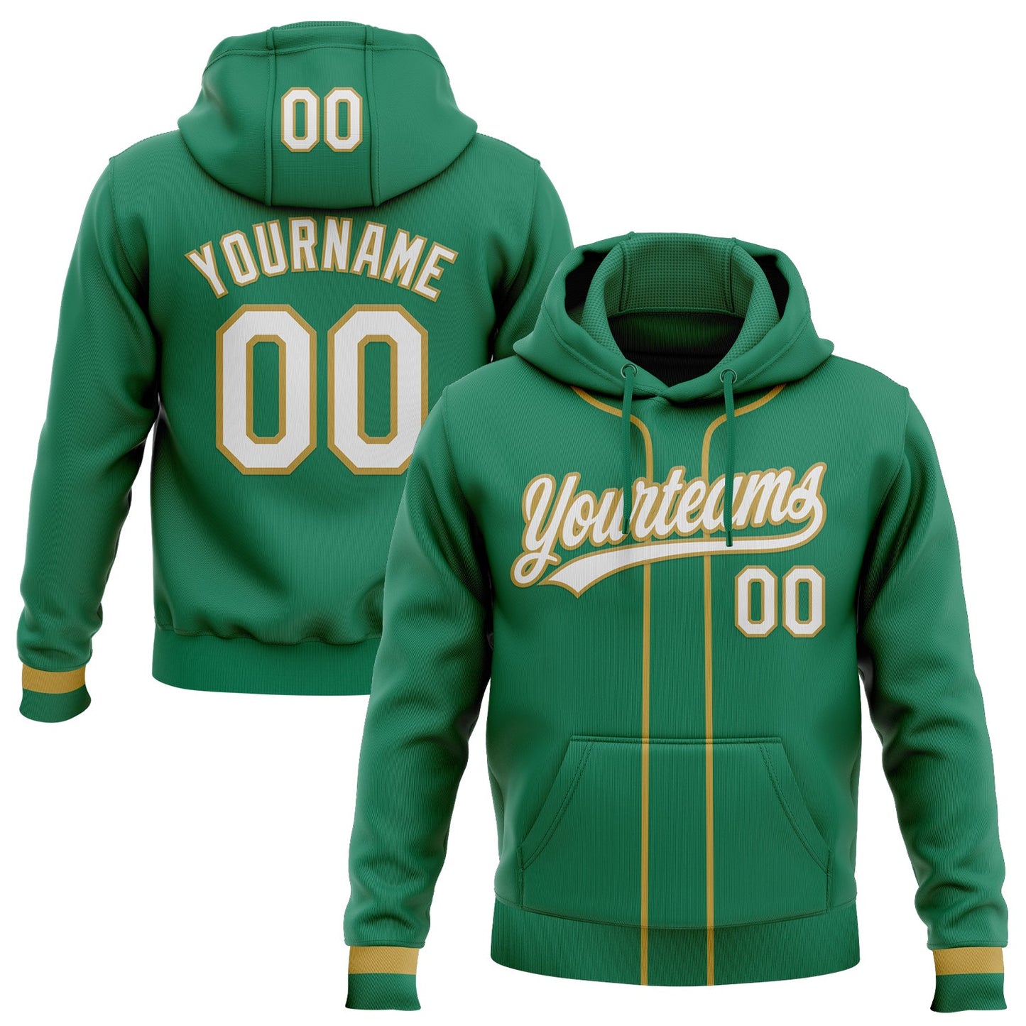 Custom Stitched Kelly Green White-Old Gold Baseball Pullover Sweatshirt Hoodie - Main View