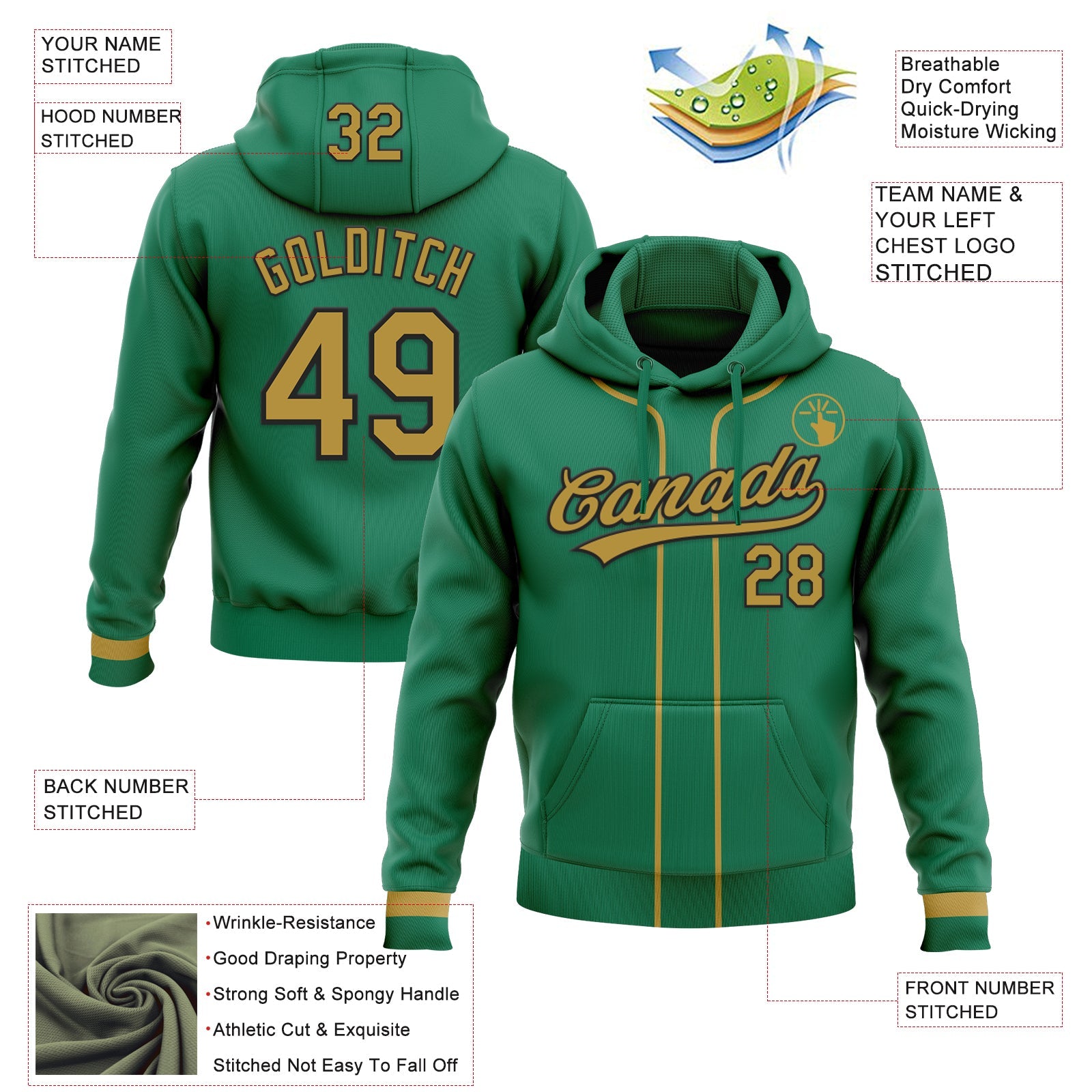 Custom Stitched Kelly Green Old Gold-Black Baseball Pullover Sweatshirt Hoodie view 2