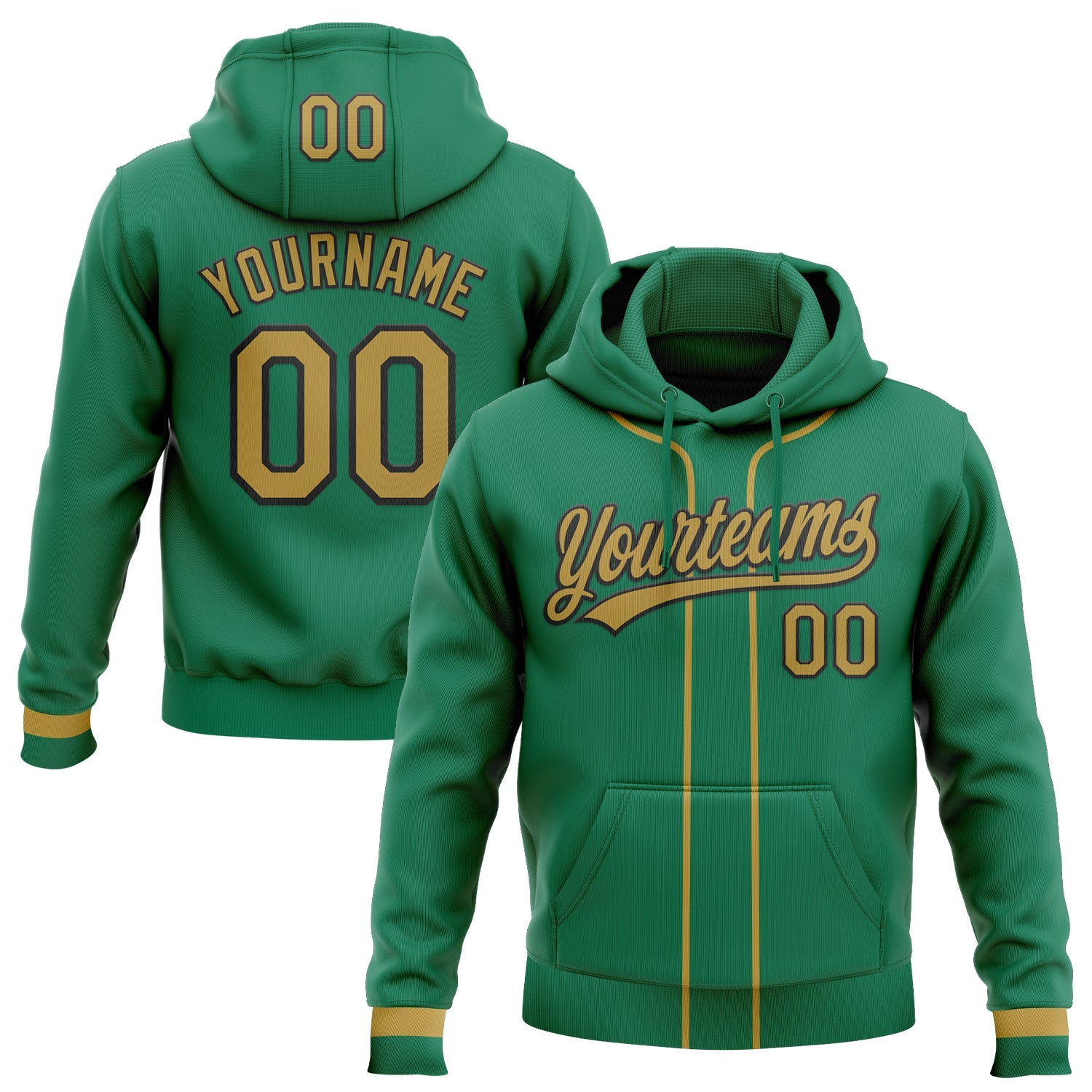 Custom Stitched Kelly Green Old Gold-Black Baseball Pullover Sweatshirt Hoodie - Main View
