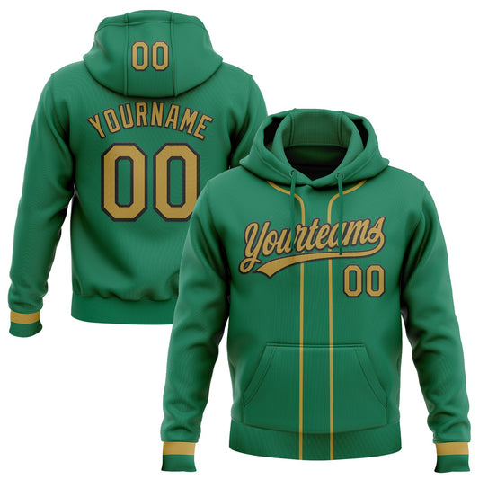 Custom Stitched Kelly Green Old Gold-Black Baseball Pullover Sweatshirt Hoodie - Main View