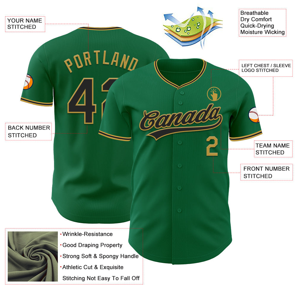 Custom Kelly Green Black-Old Gold Authentic Baseball Jersey view 3