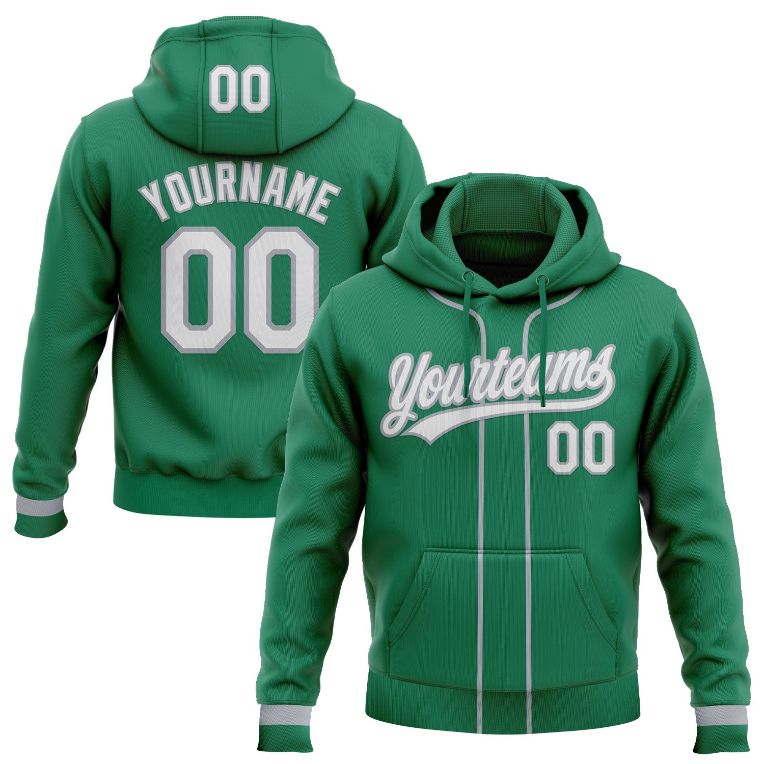 Custom Stitched Kelly Green White-Gray Baseball Pullover Sweatshirt Hoodie - Main View
