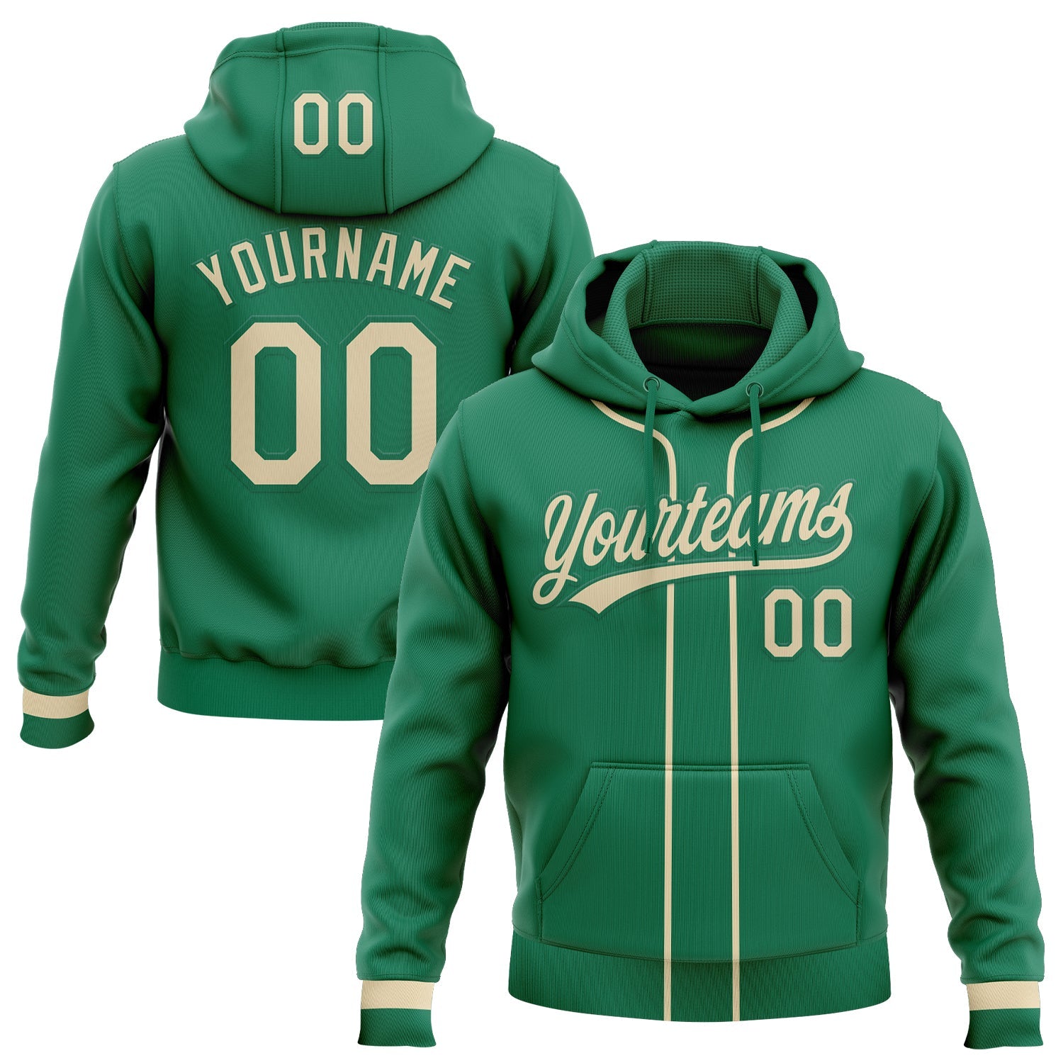 Custom Stitched Kelly Green Cream Baseball Pullover Sweatshirt Hoodie - Main View