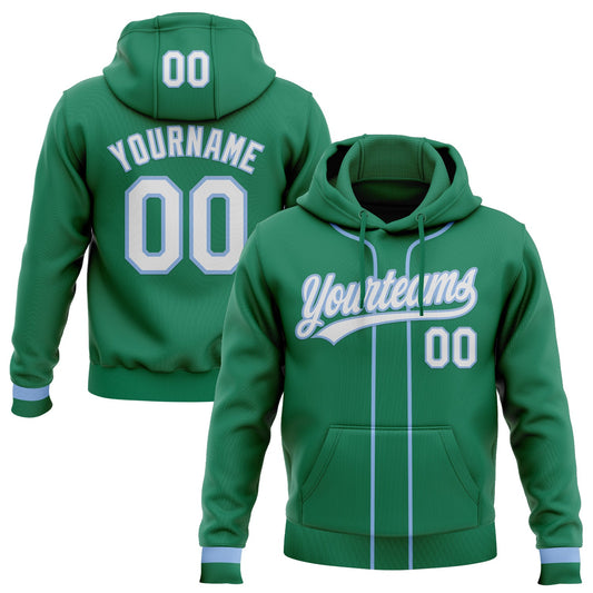 Custom Stitched Kelly Green White-Light Blue Baseball Pullover Sweatshirt Hoodie - Main View