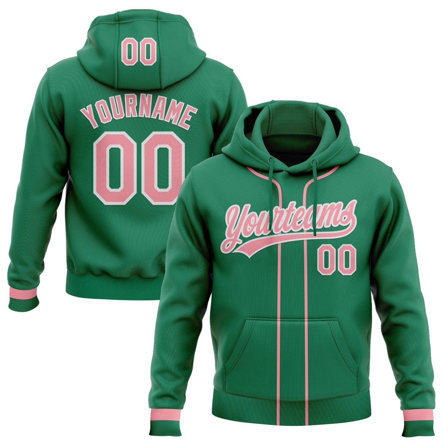 Custom Stitched Kelly Green Medium Pink-White Baseball Pullover Sweatshirt Hoodie - Main View