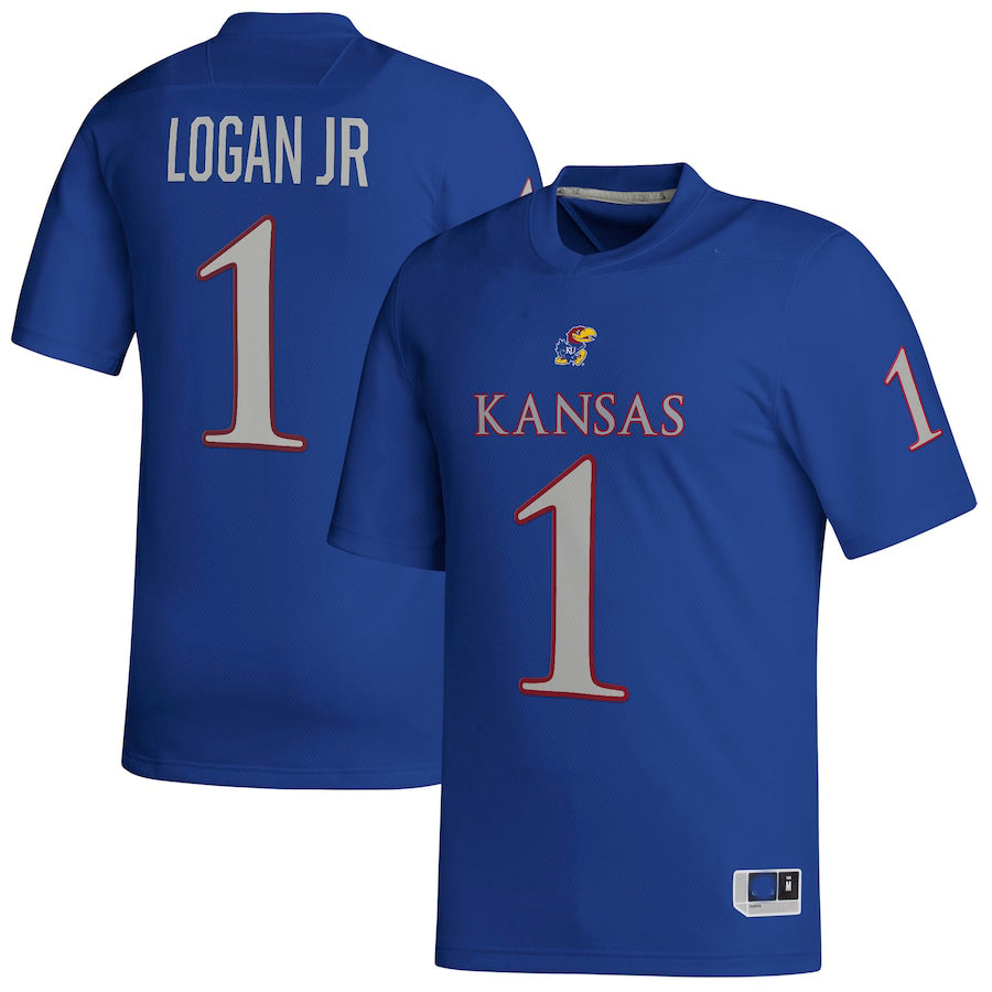 K.Jayhawks #1 Kenny Logan Jr. NIL Replica Football Jersey Royal Stitched American College Jerseys - Main View