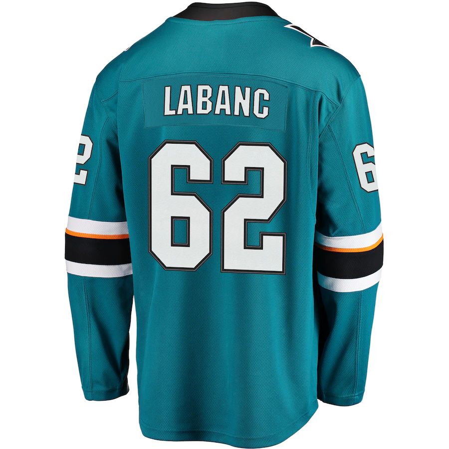 SJ.Sharks #62 Kevin Labanc Fanatics Branded Breakaway Jersey Teal Stitched American Hockey Jerseys - Main View