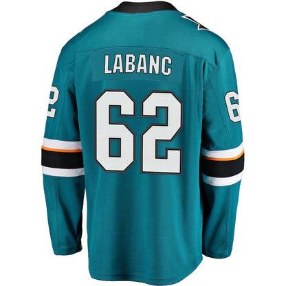 SJ.Sharks #62 Kevin Labanc Fanatics Branded Breakaway Jersey Teal Stitched American Hockey Jerseys - Main View