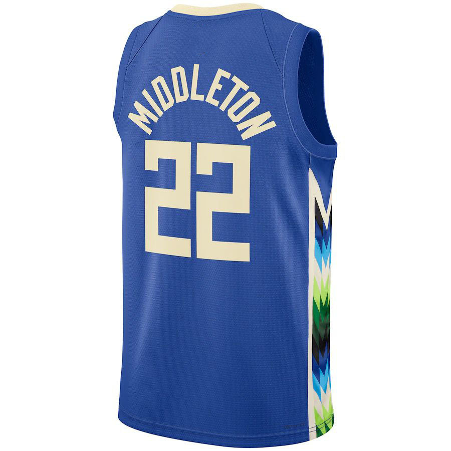 M.Bucks #22 Khris Middleton Unisex 2022-23 Swingman Jersey City Edition Royal Stitched American Basketball Jersey - Main View