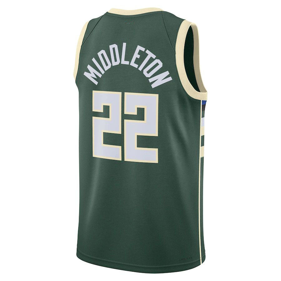 M.Bucks #22 Khris Middleton Unisex 2022-23 Swingman Jersey Icon Edition Hunter Green Stitched American Basketball Jersey - Main View