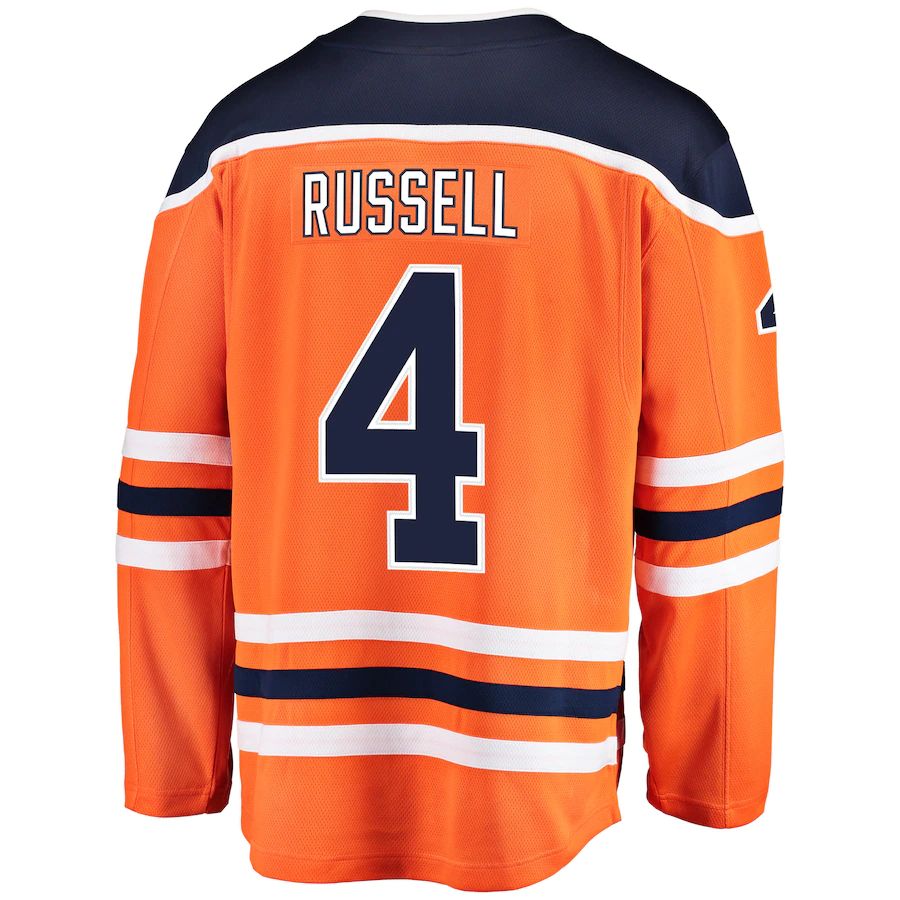 E.Oilers #4 Kris Russell Fanatics Branded Breakaway Player Jersey Orange Stitched American Hockey Jerseys - Main View
