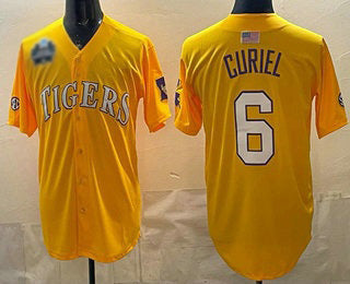 L.Tigers #6 Derek Curiel Gold 2025 World Series SEC Patch Stitched Baseball American College Jerseys - Main View