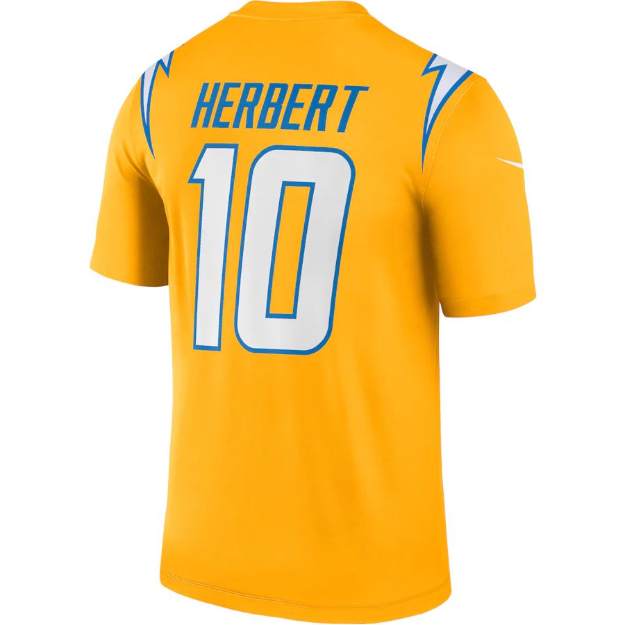 LA.Chargers #10 Justin Herbert Gold Inverted Legend Jersey Stitched American Football Jerseys - Main View