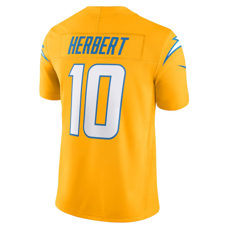 LA.Chargers #10 Justin Herbert Gold Alternate Charger Power Vapor F.U.S.E. Limited American Football Jerseys - Main View