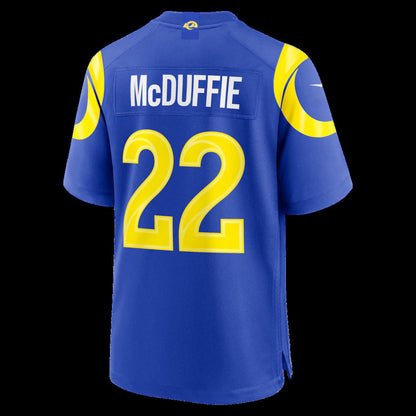 LA.Rams #22 Trent McDuffie Royal Team Game Player Stitched Football American Jersey - Main View