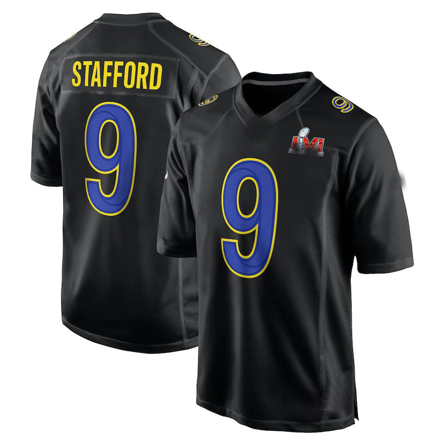 LA,Rams #9 Matthew Stafford Black Super Bowl LVI Game Fashion Jersey Stitched American Football Jersey - Main View