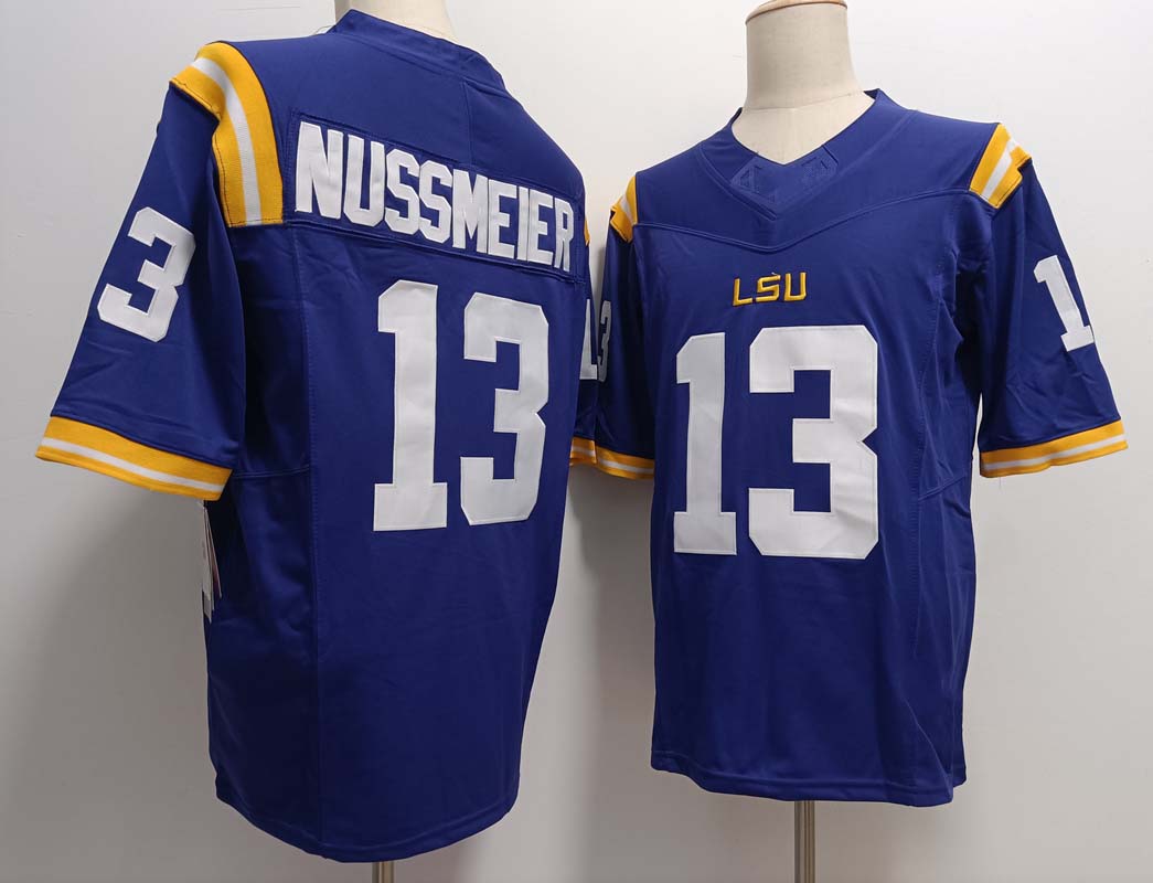 L.Tigers #13 Garrett Nussmeier Purple FUSE Stitched American College Jerseys - Main View