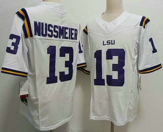 L.Tigers #13 Garrett Nussmeier White FUSE Stitched American College Jerseys - Main View