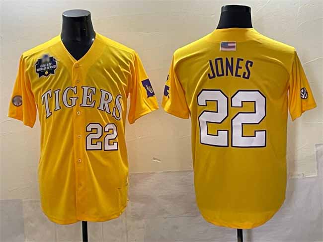 L.Tigers #22 Jared Jones Gold 2025 World Series Stitched Baseball American College Jerseys - Main View