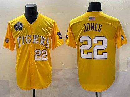 L.Tigers #22 Jared Jones Gold 2025 World Series Stitched Baseball American College Jerseys - Main View