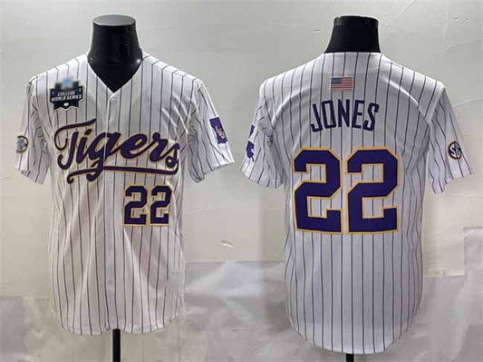 L.Tigers #22 Jared Jones White Pinstripe 2025 World Series Stitched Baseball American College Jerseys - Main View