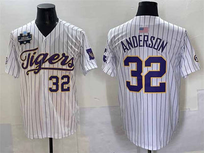 L.Tigers #32 Kade Anderson White Pinstripe 2025 World Series Stitched Baseball American College Jerseys - Main View