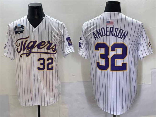 L.Tigers #32 Kade Anderson White Pinstripe 2025 World Series Stitched Baseball American College Jerseys - Main View