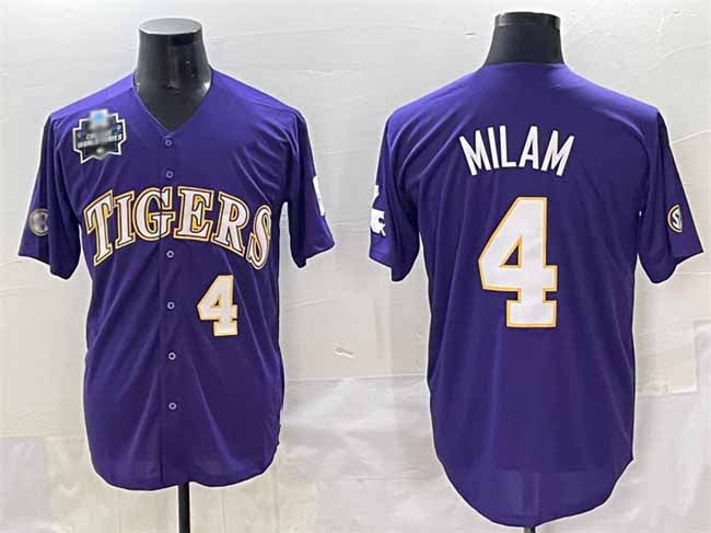 L.Tigers #4 Steven Milam Purple 2025 World Series Stitched Baseball American College Jerseys - Main View