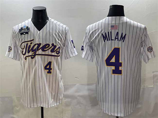 L.Tigers #4 Steven Milam White Pinstripe 2025 World Series Stitched Baseball American College Jerseys - Main View