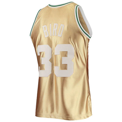 B.Celtics #33 Larry Bird Mitchell & Ness 75th Anniversary 1985-86 Hardwood Classics Swingman Jersey Gold Stitched American Basketball Jersey - Main View