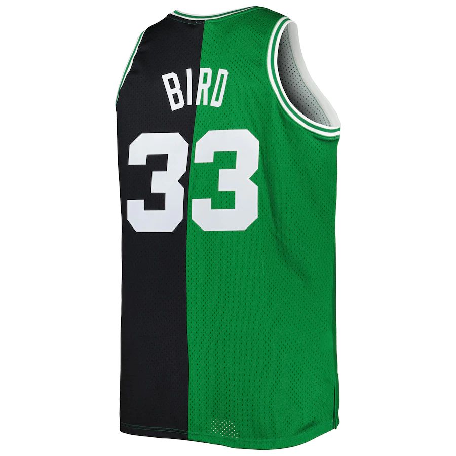 B.Celtics #33 Larry Bird Mitchell & Ness Big & Tall Hardwood Classics 1985-86 Split Swingman Jersey  Black Kelly Green Stitched American Basketball Jersey - Main View