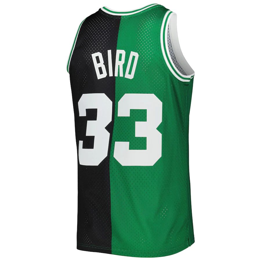 B.Celtics #33 Larry Bird Mitchell & Ness Hardwood Classics 1985-86 Split Swingman Jersey Black Kelly Green Stitched American Basketball Jersey - Main View