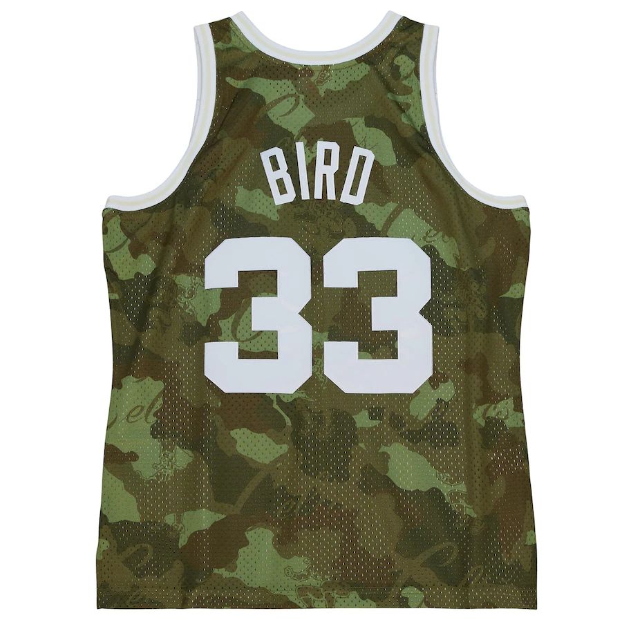 B.Celtics #33 Larry Bird Mitchell & Ness Unisex Hardwood Classics 1985-86 Ghost Green Swingman Jersey  Camo Stitched American Basketball Jersey - Main View