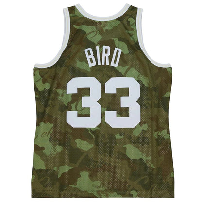 B.Celtics #33 Larry Bird Mitchell & Ness Unisex Hardwood Classics 1985-86 Ghost Green Swingman Jersey  Camo Stitched American Basketball Jersey - Main View