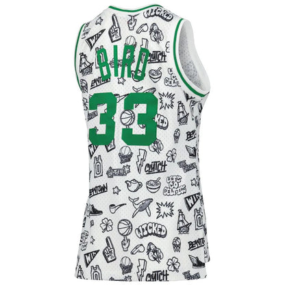 B.Celtics #33 Larry Bird Mitchell & Ness 1985 Doodle Swingman Jersey White Stitched American Basketball Jersey - Main View