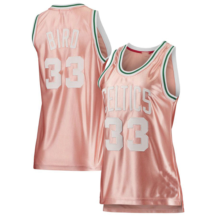 B.Celtics #33 Larry Bird Mitchell & Ness 75th Anniversary Rose Gold 1985 Swingman Jersey Pink Stitched American Basketball Jersey - Main View