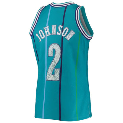 C.Hornets #2 Larry Johnson Mitchell & Ness 1996-97 Hardwood Classics 75th Anniversary Diamond Swingman Jersey Teal Stitched American Basketball Jersey - Main View