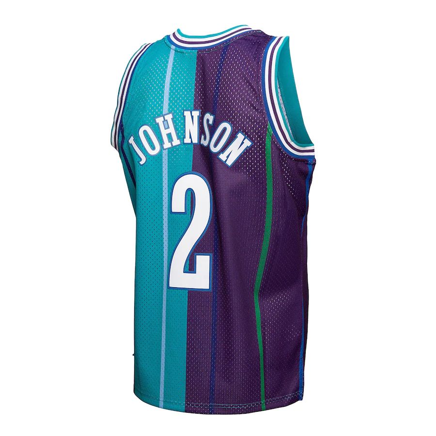 C.Hornets #2 Larry Johnson Mitchell & Ness Hardwood Classics 1992-93 Split Swingman Jersey Teal Purple Stitched American Basketball Jersey - Main View